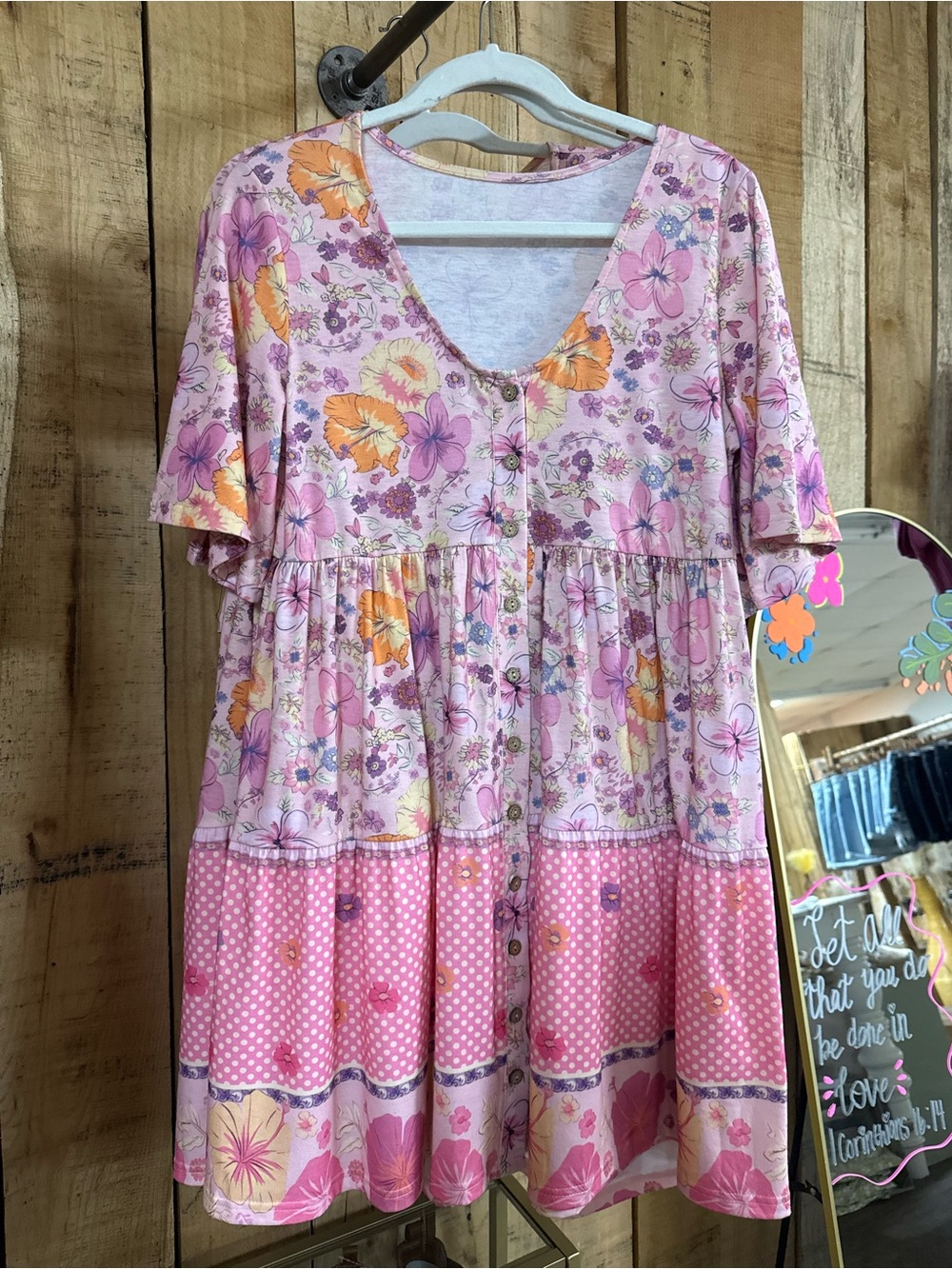 Pink Floral Button-Front Casual Tiered Dress